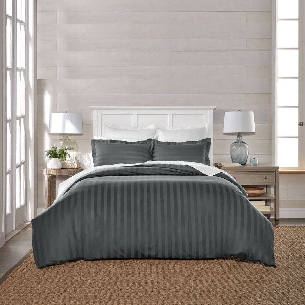 CHARCOAL GRAY Charter Club Stripe 550 TC 100% Cotton FULL/QUEEN Duvet Cover Set